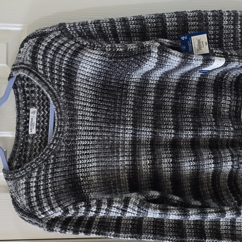 ARIZONA JEAN CO WOMEN'S JUNIOR GRAY STRIPES PULLOVER CREWNECK SWEATER SIZE XL